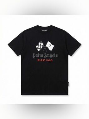 Palm Angels Black Racing Graphic Tee with White and Red Accents